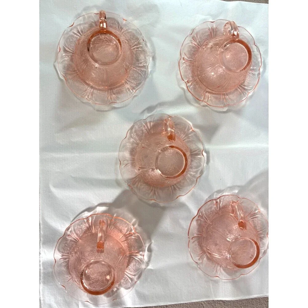 Jeannette Pink Cherry Blossom Depression Glass Cups Saucers 10 Pc Set VTG